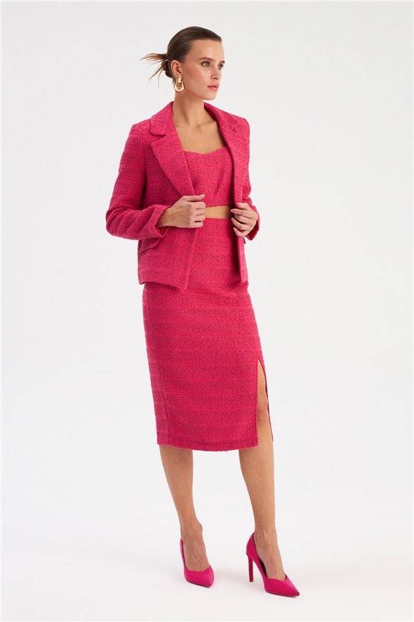 Slit Tweed Pencil Skirt - Fuchsia - LussoCA
