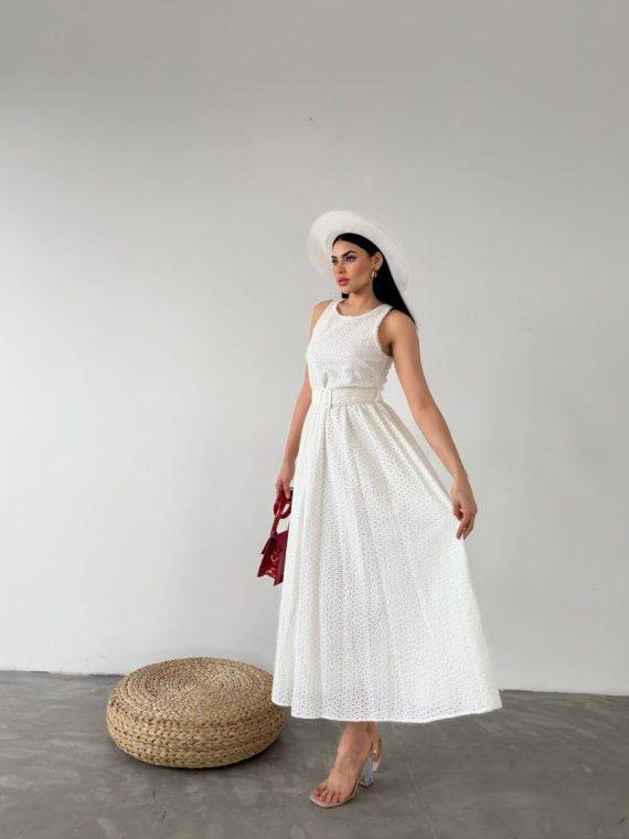 Gathered Long Dress With Waist Belt - LussoCA