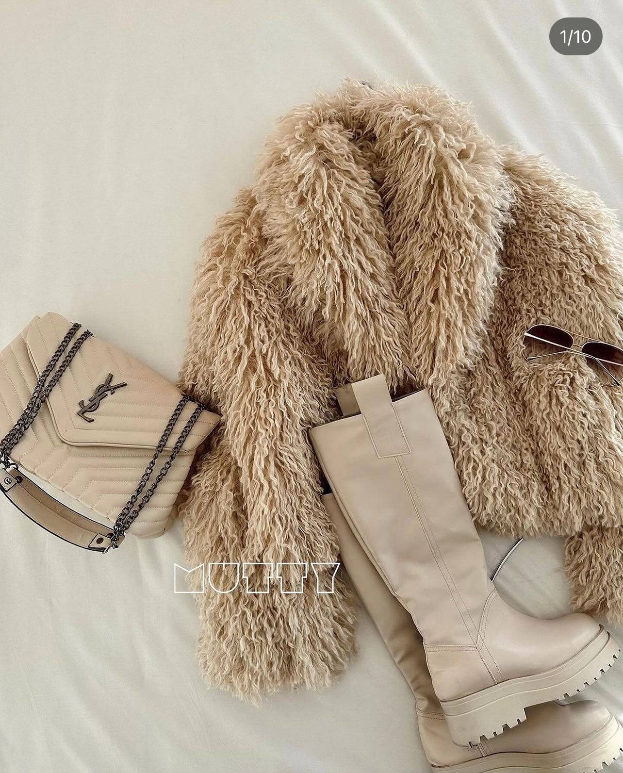 Fluffy fur crop jacket - beige - LussoCA