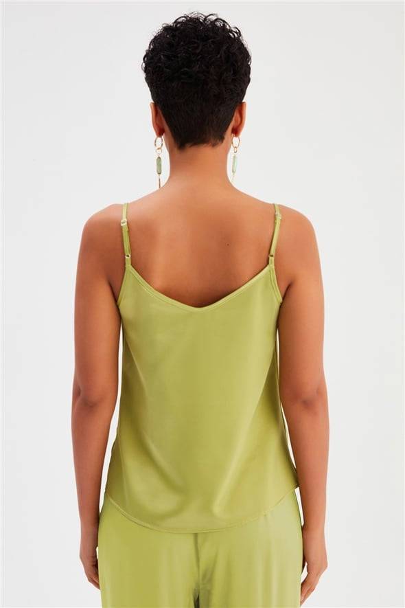 Plunging Neck Satin Blouse - Olive - LussoCA