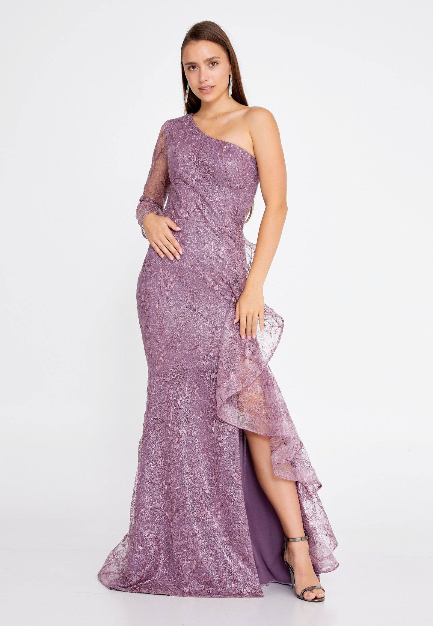 One Shoulder Maxi Lace Mermaid Regular Purple Wedding Guest Dress- Purple - LussoCA