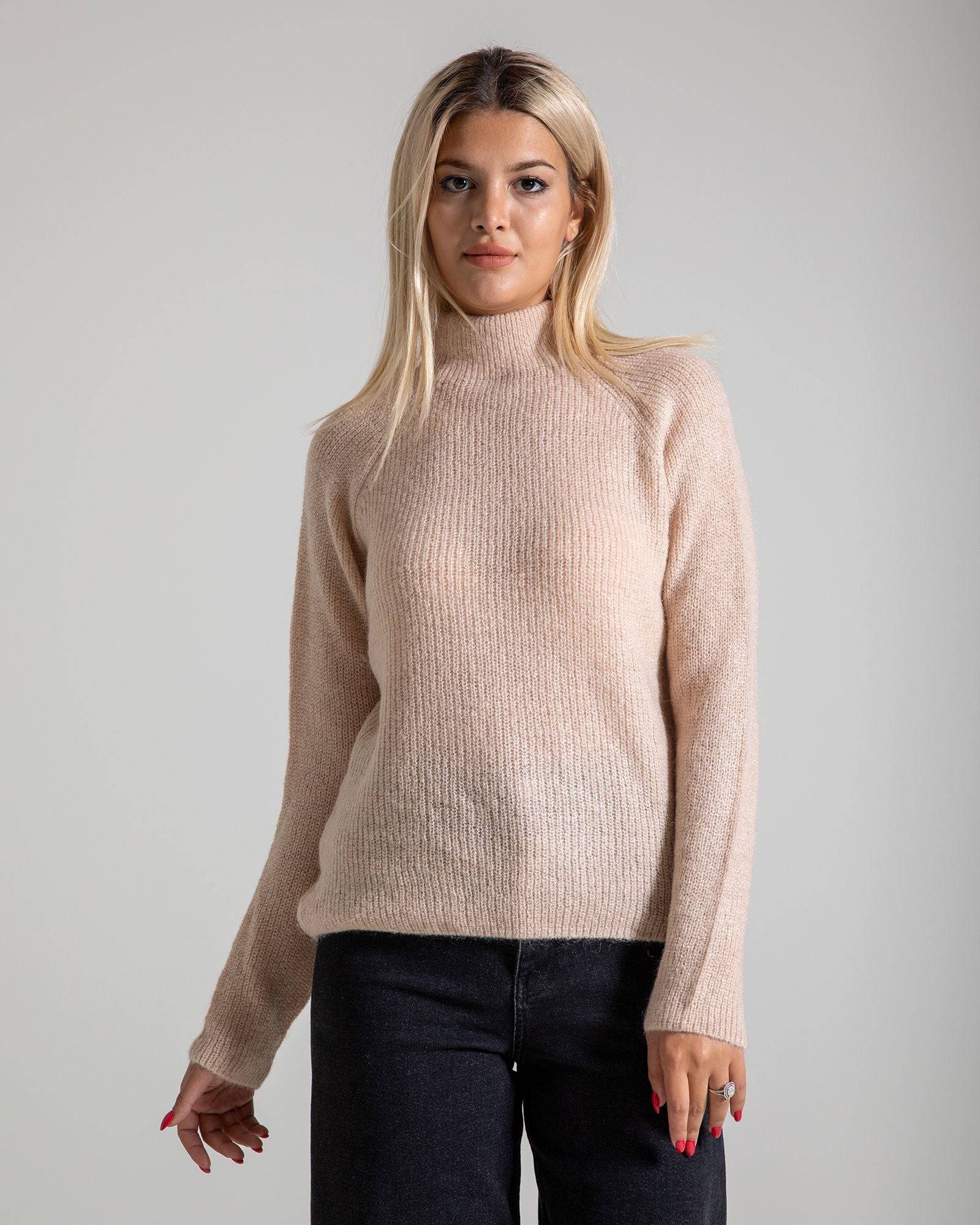 Turtleneck Long Sleeve Mohair Sweater - Beige - LussoCA