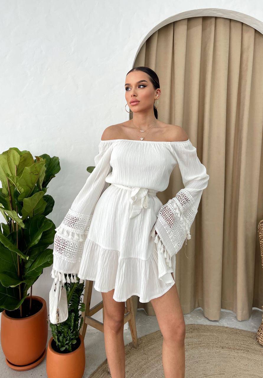 Cotton Dress with Very Long Sleeve - White - LussoCA