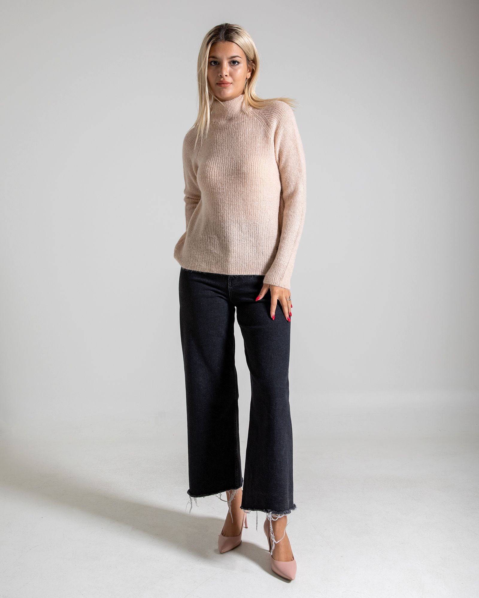 Turtleneck Long Sleeve Mohair Sweater - Beige - LussoCA