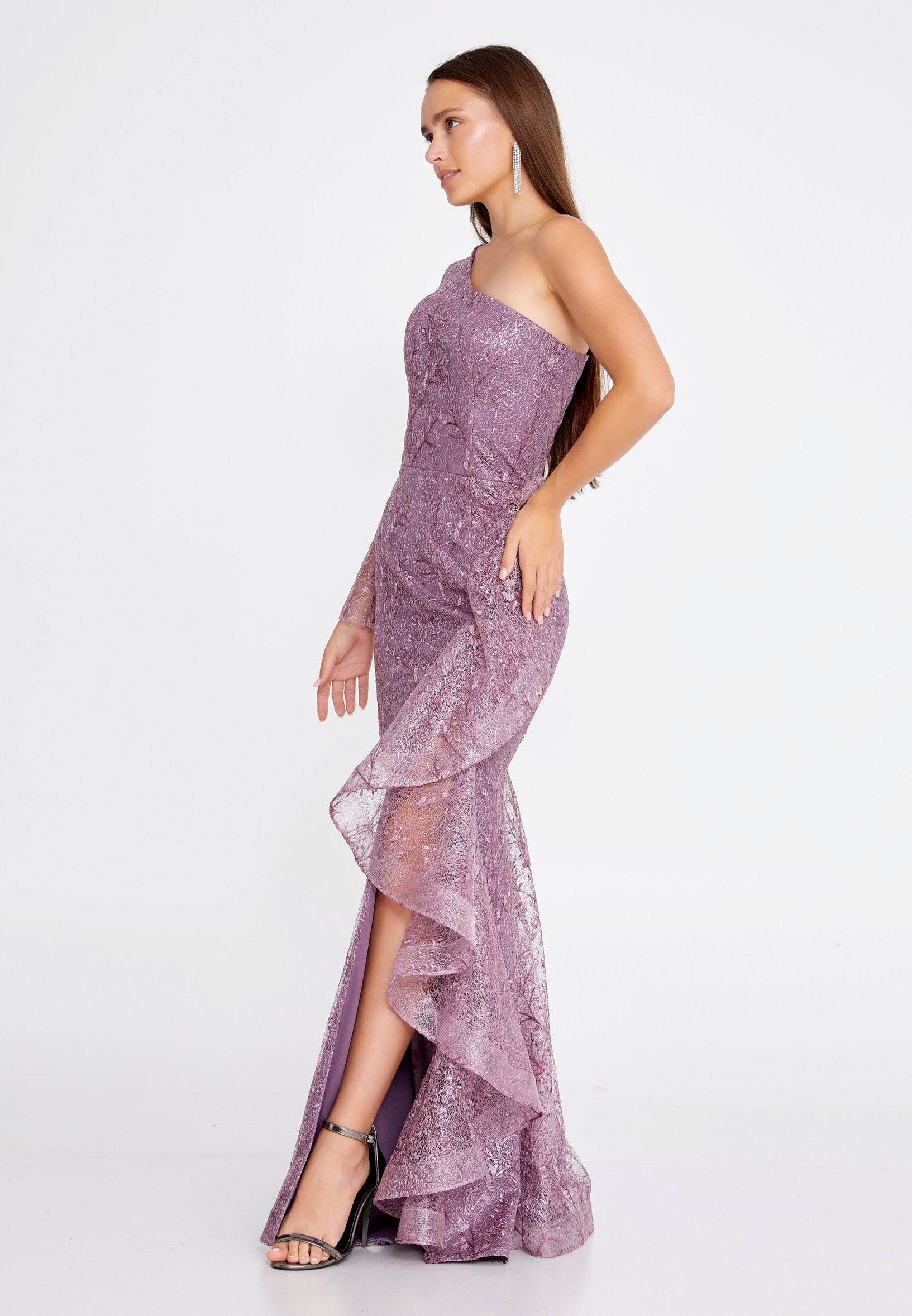 One Shoulder Maxi Lace Mermaid Regular Purple Wedding Guest Dress- Purple - LussoCA