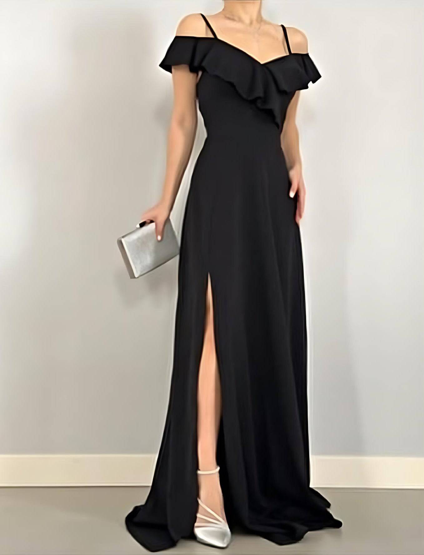 Off-Shoulder Maxi Dress with Spaghetti Straps and Long Slit - Black - LussoCA