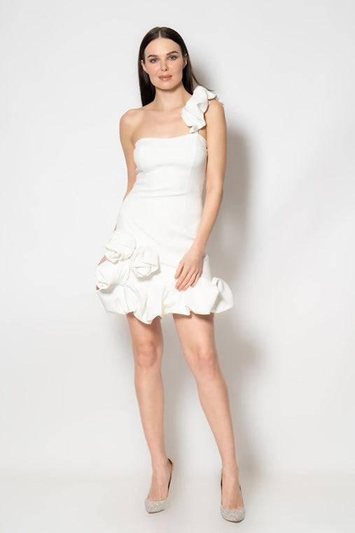 One-Shoulder Floral Evening Short Dress - White - LussoCA
