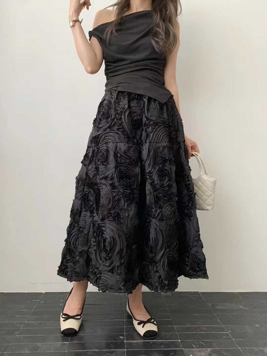3D Midi Skirt with Pocket - Black