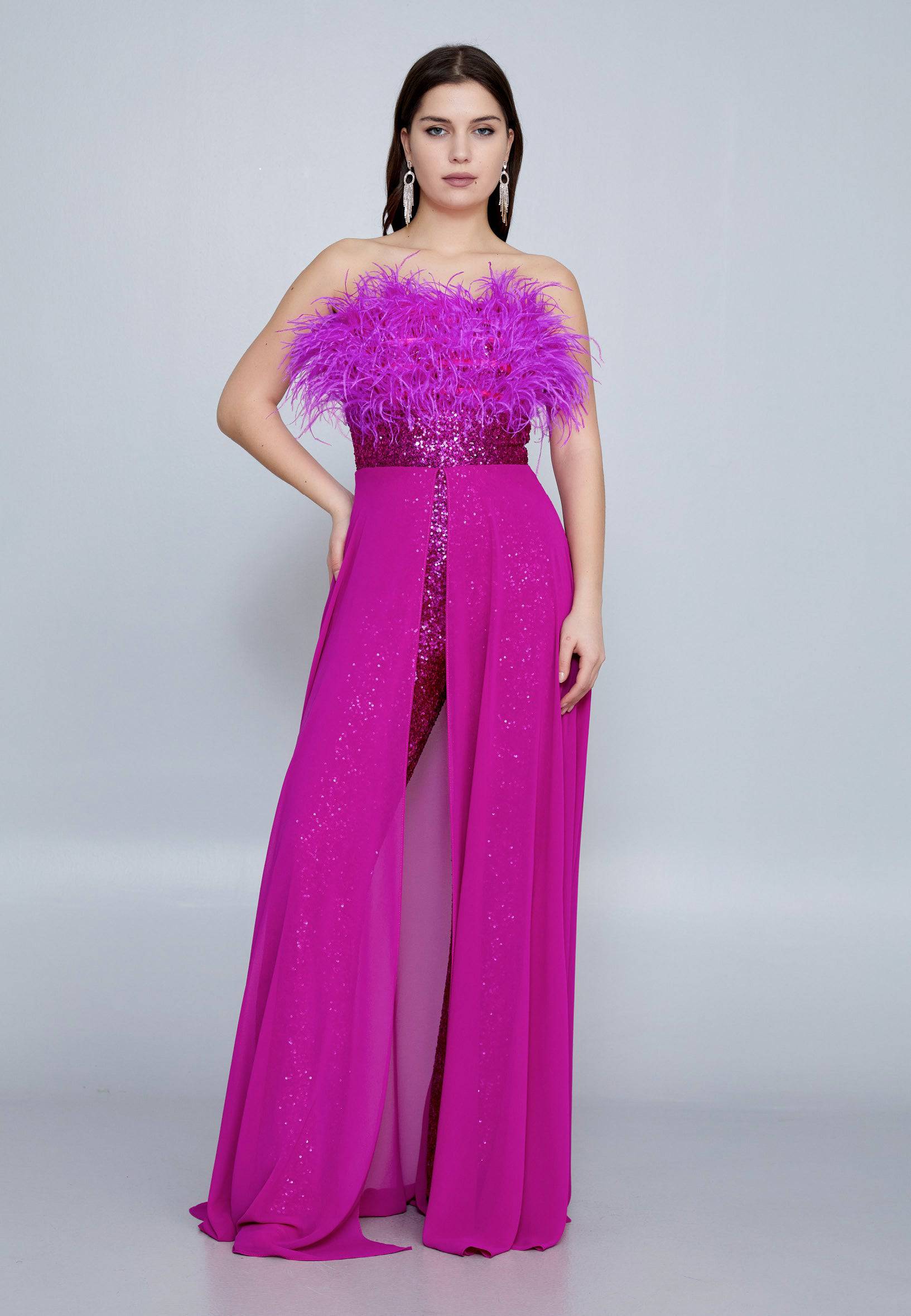 Strapless Sequin Chiffon Regular Fit Evening Jumpsuit - Fuchsia - LussoCA