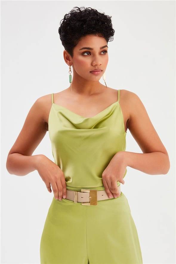 Plunging Neck Satin Blouse - Olive - LussoCA