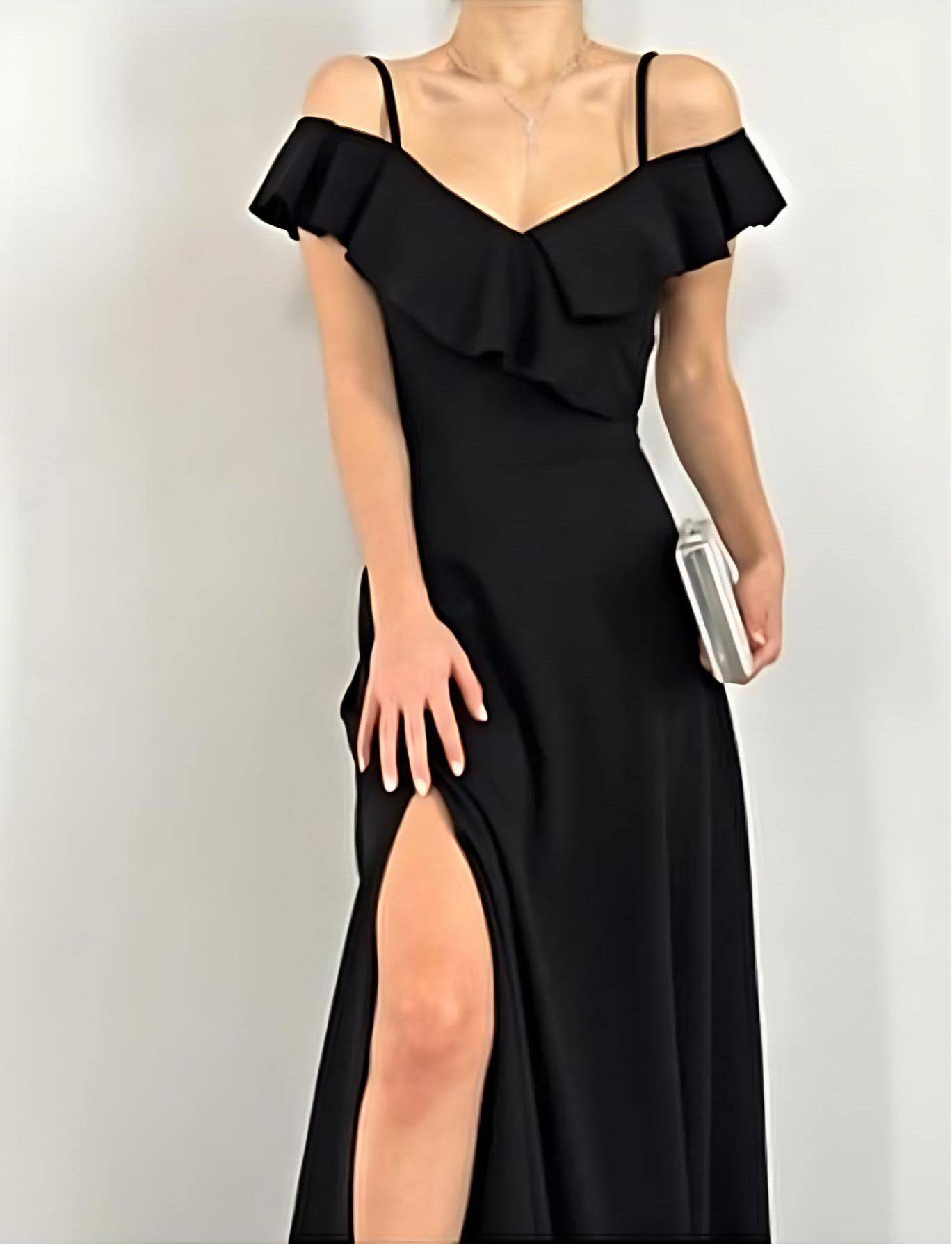 Off-Shoulder Maxi Dress with Spaghetti Straps and Long Slit - Black - LussoCA