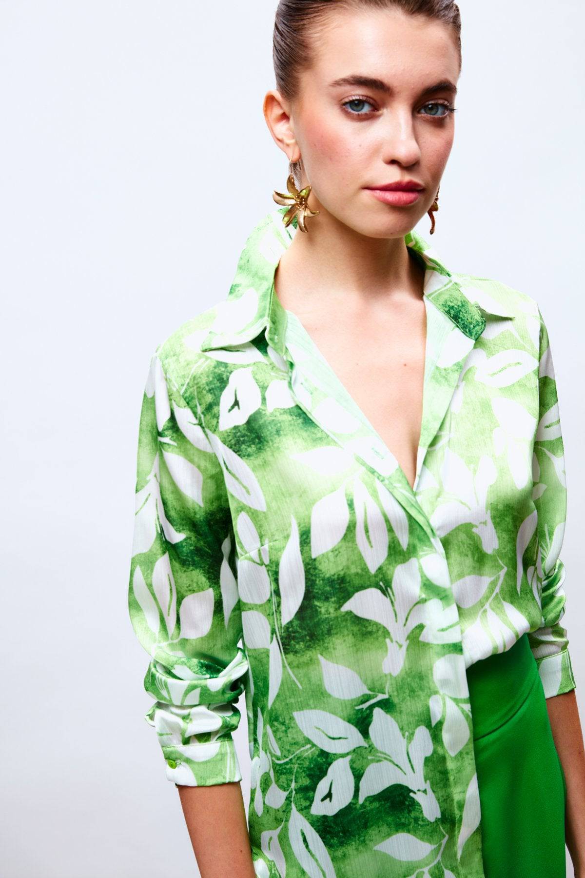 Leaf Pattern Long Sleeve Shirt - Green