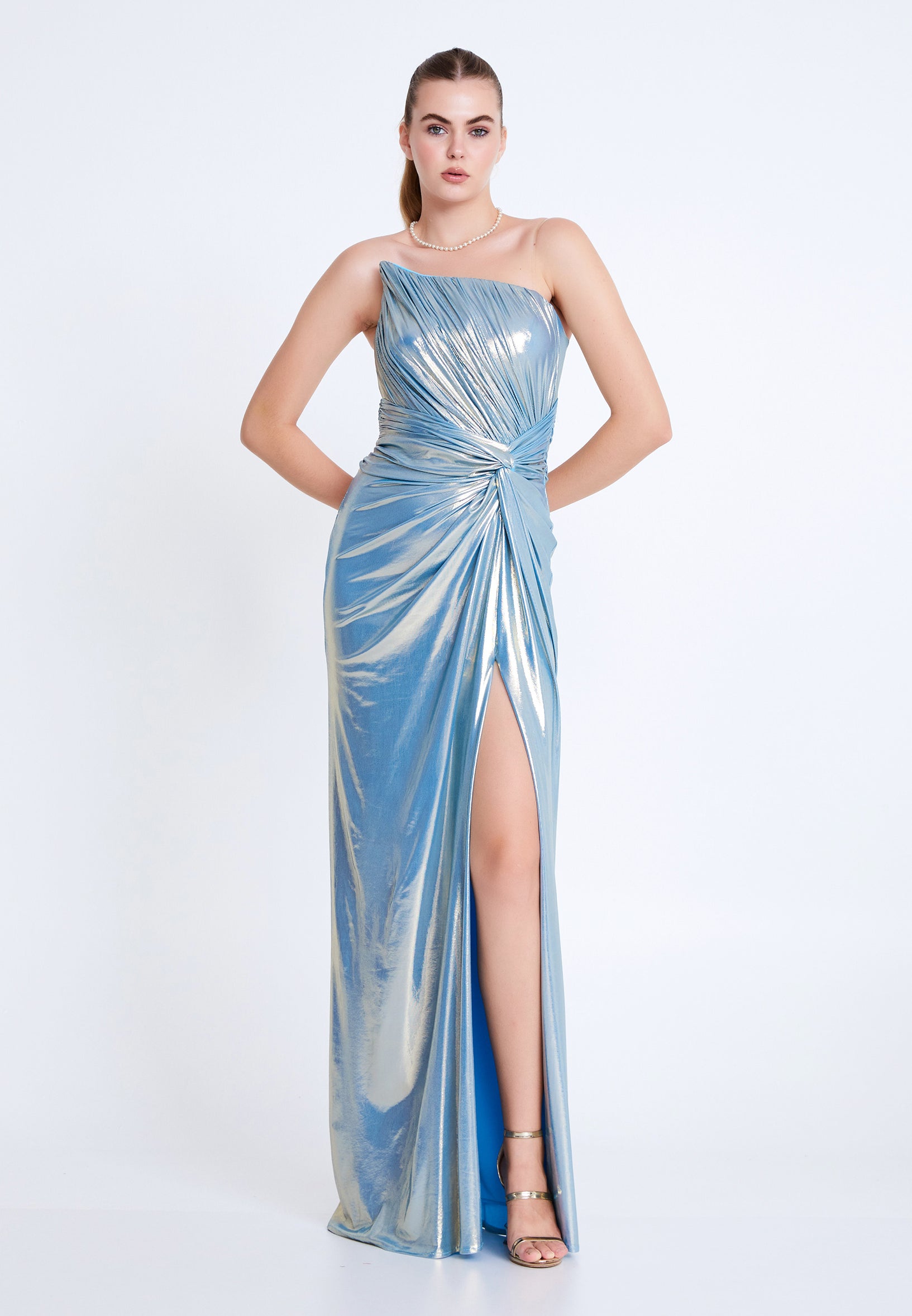 Metallic ice blue one-shoulder evening gown front view