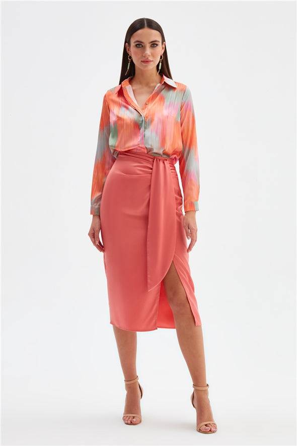 Satin Pencil Skirt with Detail and Slit- Coral - LussoCA