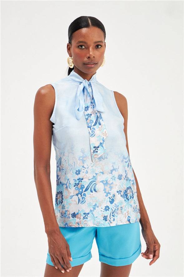 Floral Ombre Patterned Tie Neck Scarf Detailed Blouse - Blue - LussoCA