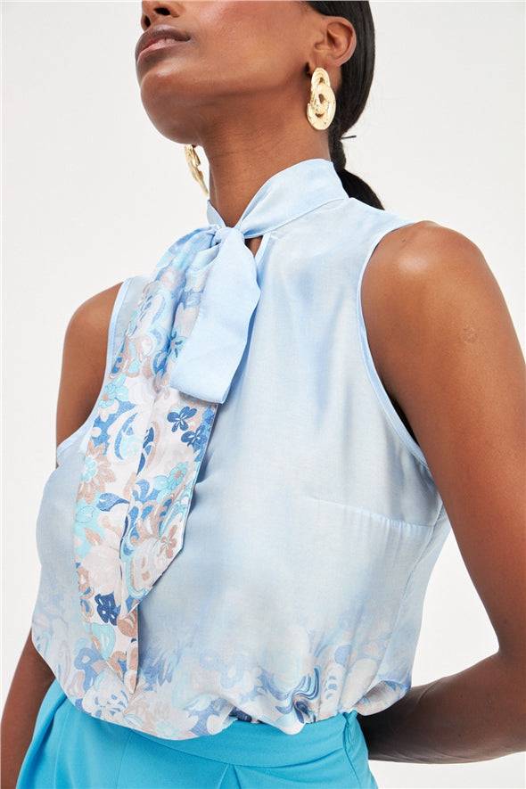 Floral Ombre Patterned Tie Neck Scarf Detailed Blouse - Blue - LussoCA