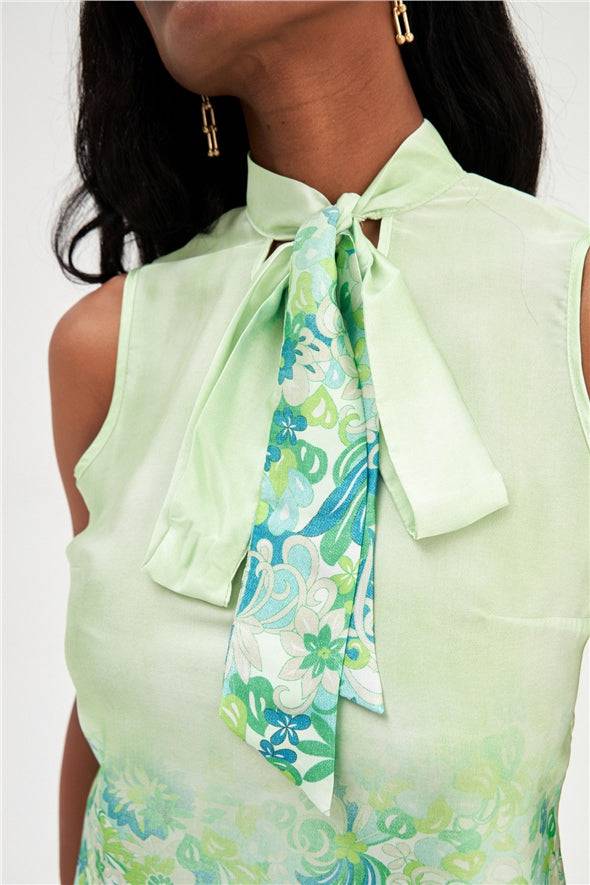 Floral Ombre Patterned Tie Neck Scarf Detailed Blouse - Green - LussoCA