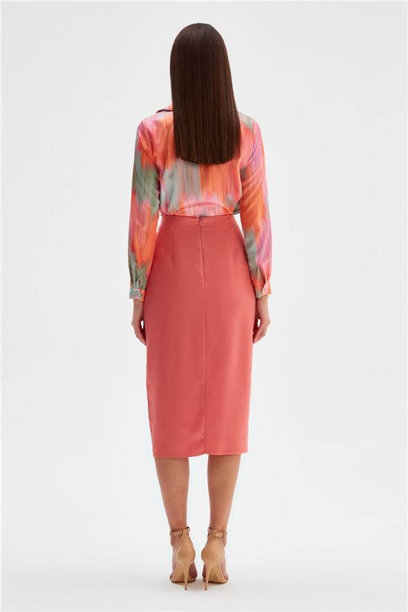 Satin Pencil Skirt with Detail and Slit- Coral - LussoCA