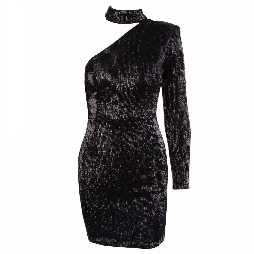 Sequins One-Shoulder Paded Dress - Black