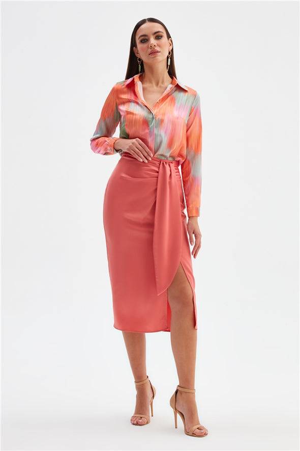 Satin Pencil Skirt with Detail and Slit- Coral - LussoCA