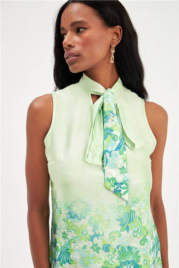 Floral Ombre Patterned Tie Neck Scarf Detailed Blouse - Green - LussoCA