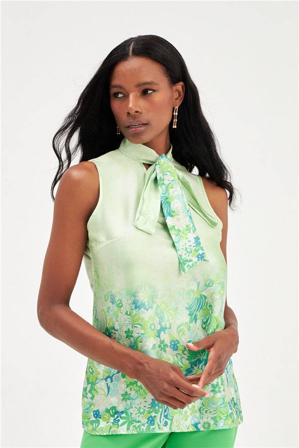 Floral Ombre Patterned Tie Neck Scarf Detailed Blouse - Green - LussoCA