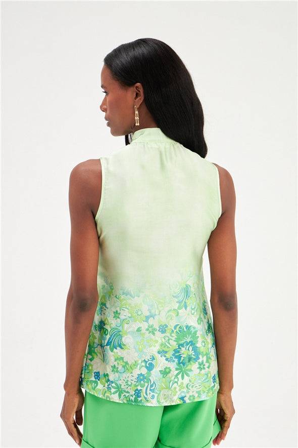 Floral Ombre Patterned Tie Neck Scarf Detailed Blouse - Green - LussoCA