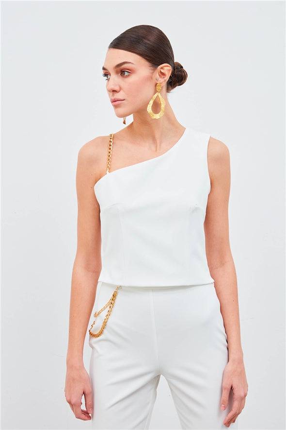 Chain Strap Detailed Crop Blouse - White