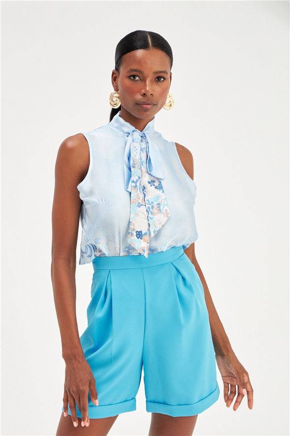 Floral Ombre Patterned Tie Neck Scarf Detailed Blouse - Blue - LussoCA