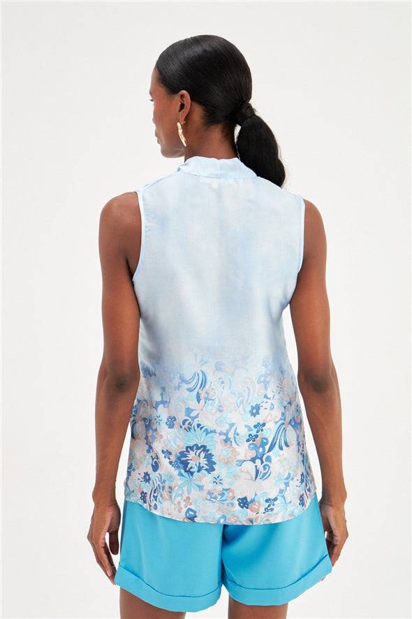Floral Ombre Patterned Tie Neck Scarf Detailed Blouse - Blue - LussoCA