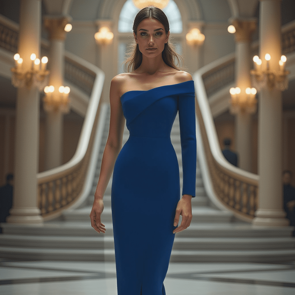 Crepe Single Sleeve Long Dress - Blue