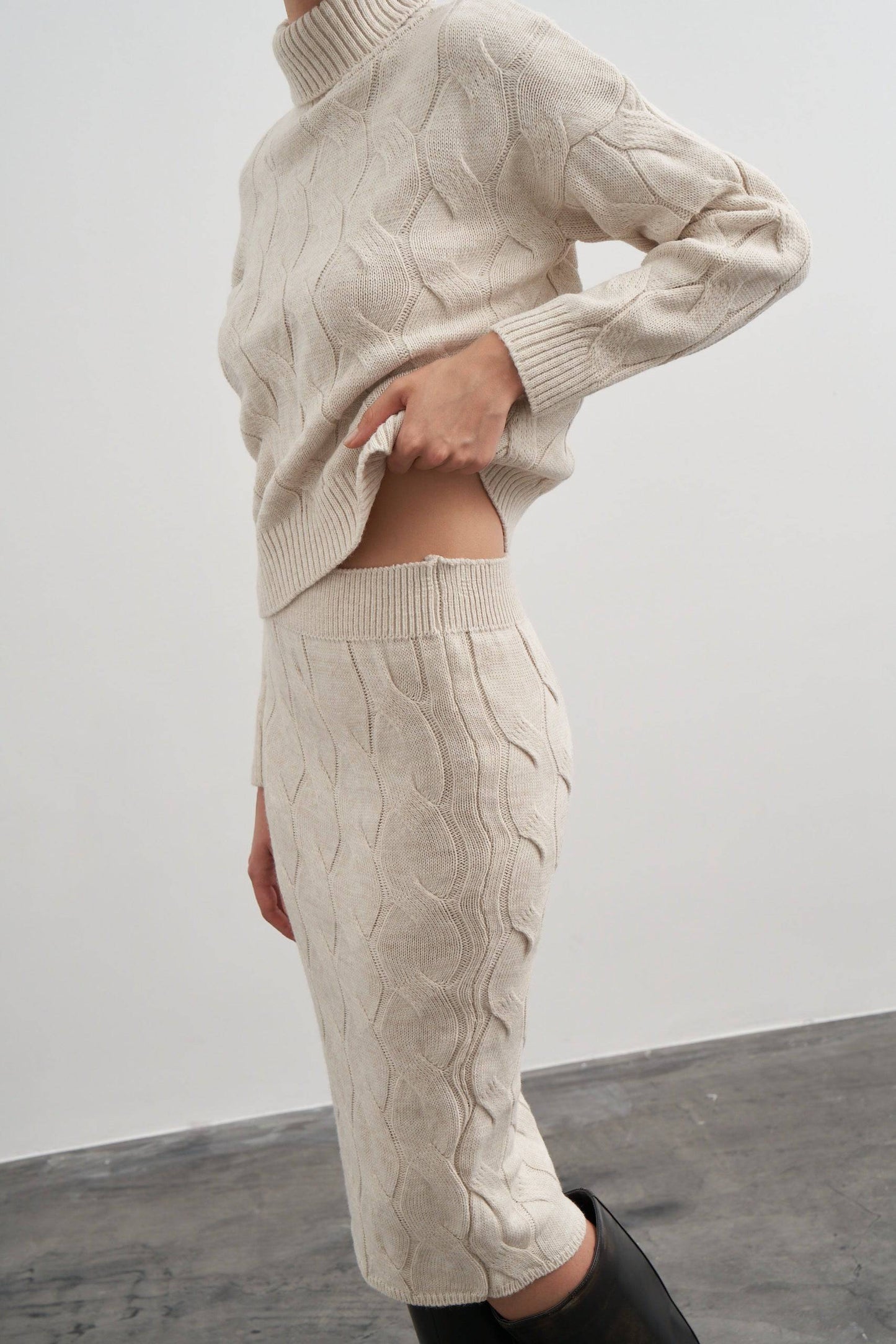 Twisted knitwear two pieces, sweater Midi skirt set