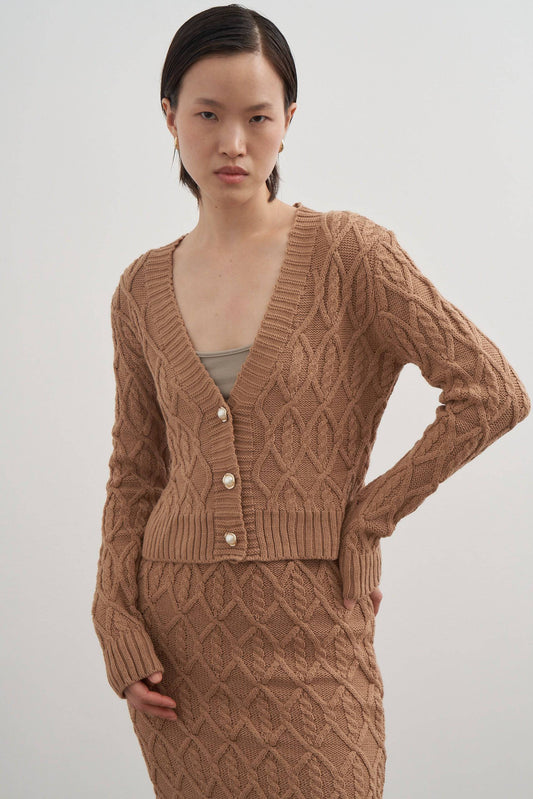 Twisted knitwear two pieces, cardigan skirt set