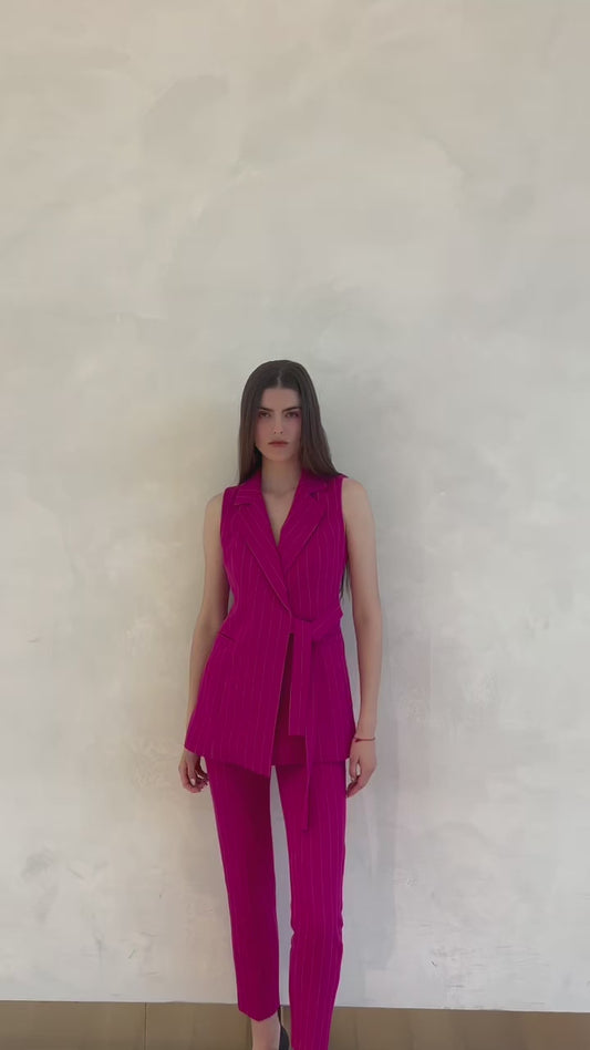 Pinstripe Stretchy Crepe Straight Pants - Fuchsia
