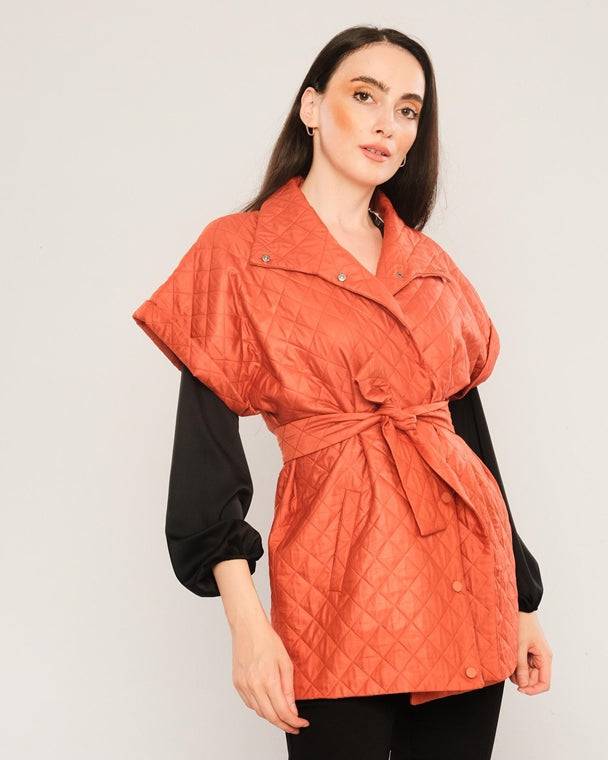 Quilted Short Sleeve Jacket with Belt - Rust Orange - LussoCA