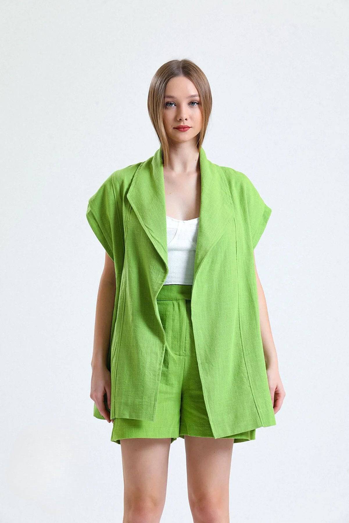 100% Organic Linen Fabric Coat with Belt - Green - LussoCA