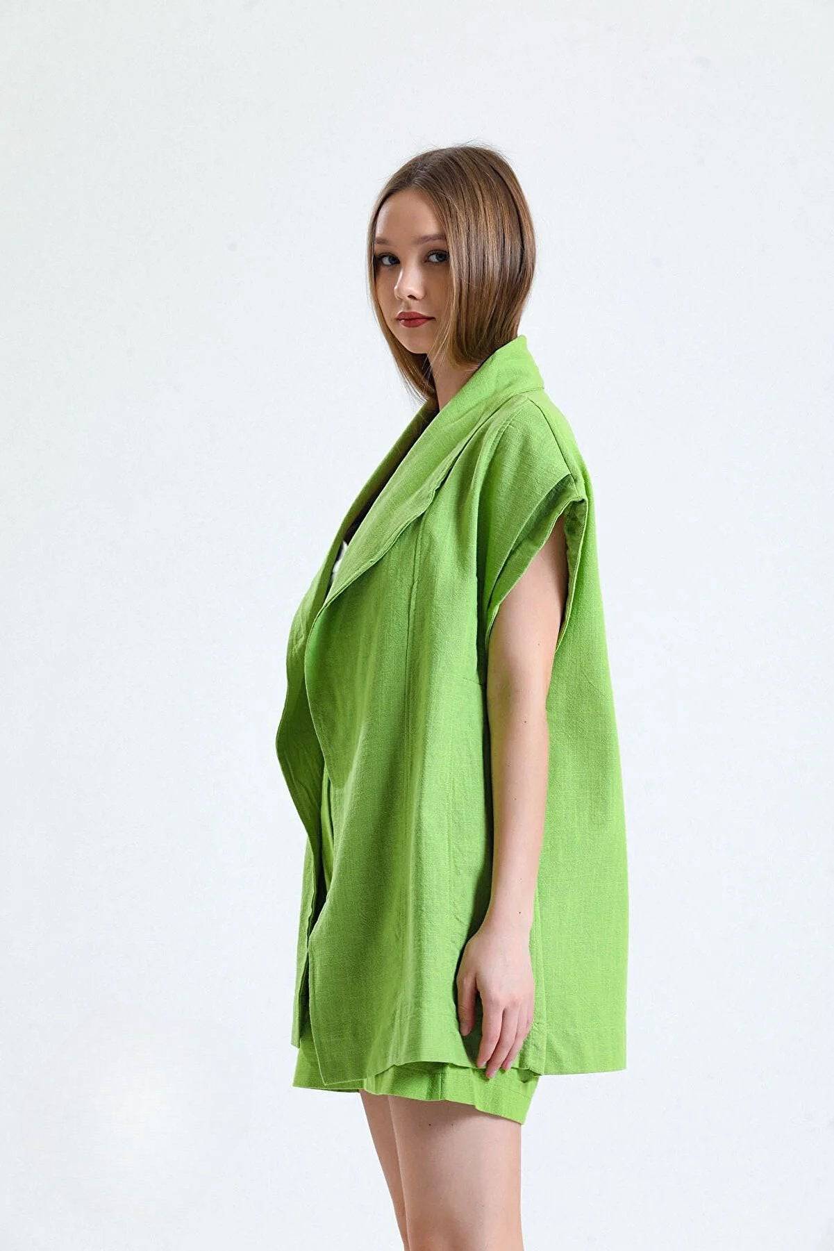 100% Organic Linen Fabric Coat with Belt - Green - LussoCA