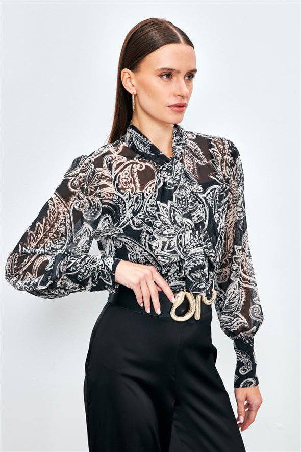 Patterned Georgette Shirt with Bow Tie Neck and a Cami - Black - LussoCA