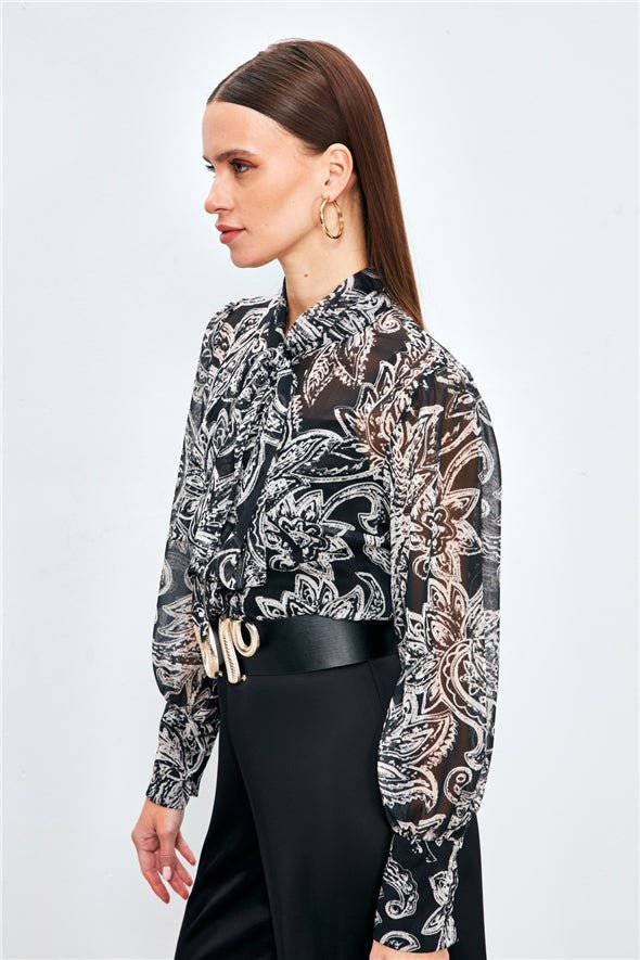 Patterned Georgette Shirt with Bow Tie Neck and a Cami - Black - LussoCA