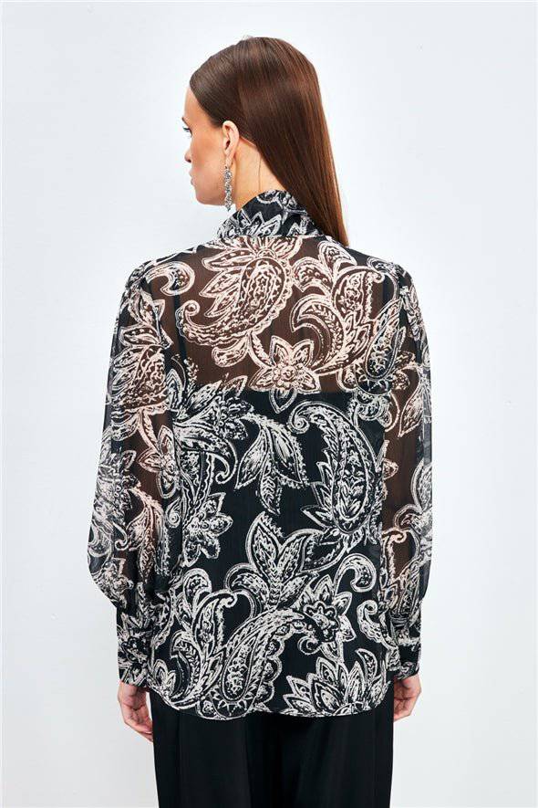 Patterned Georgette Shirt with Bow Tie Neck and a Cami - Black - LussoCA