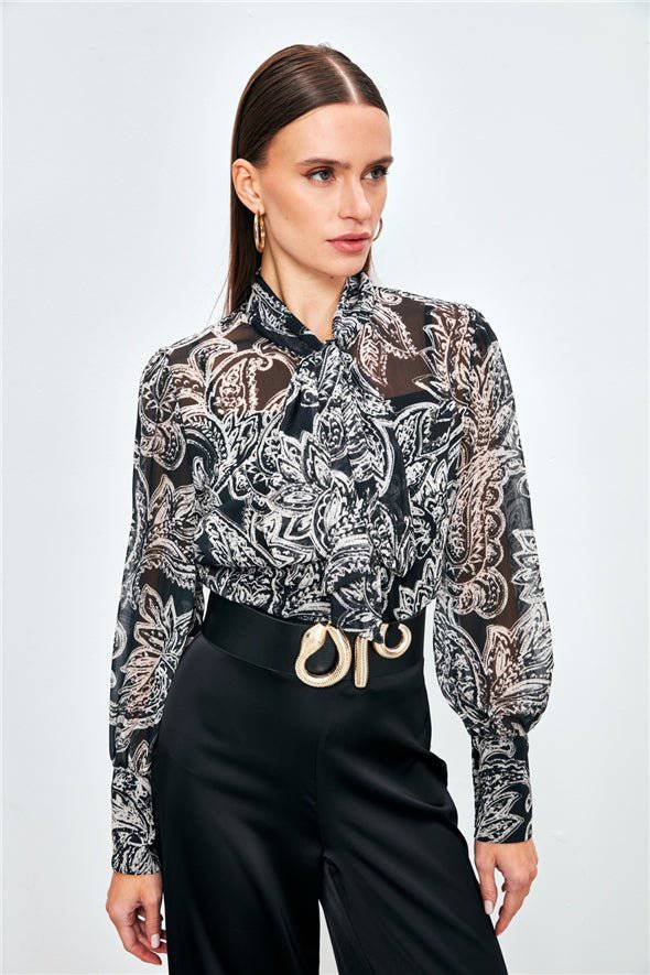 Patterned Georgette Shirt with Bow Tie Neck and a Cami - Black - LussoCA