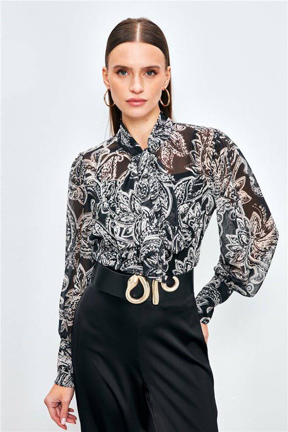 Patterned Georgette Shirt with Bow Tie Neck and a Cami - Black - LussoCA