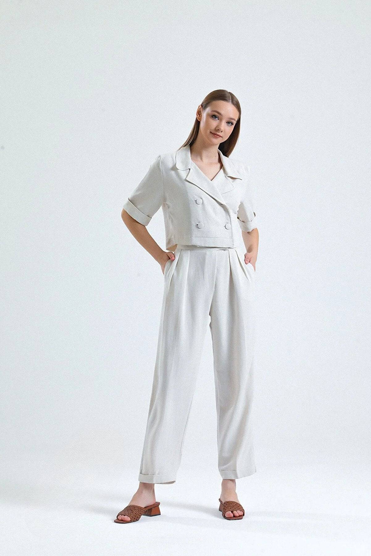 4 Button Double Breast Crop Blazer - Begie - LussoCA