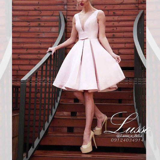 Taffeta Prom Deep V-Neck with Beading Short Dress - LussoCA