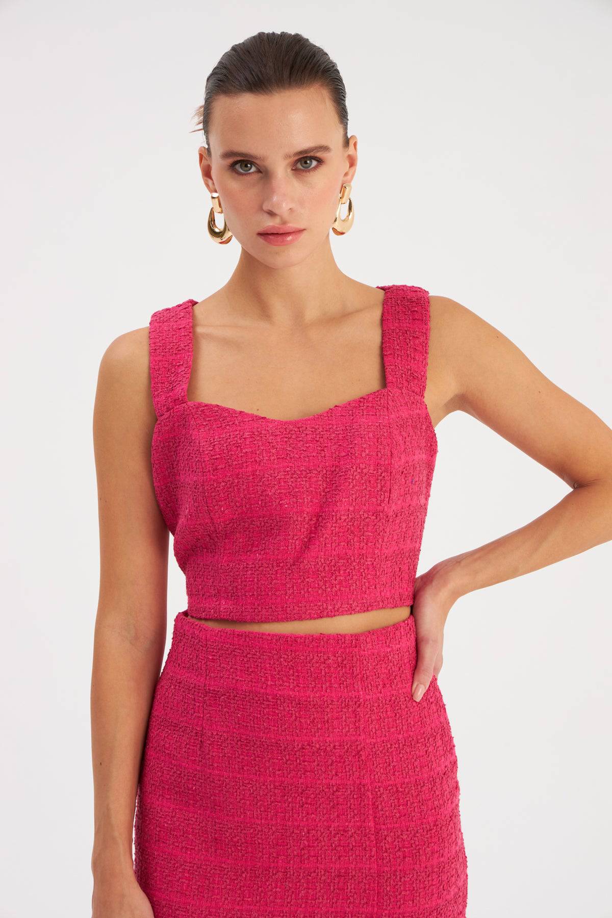 Strap Tweed Crop Blouse - Fuchsia - LussoCA