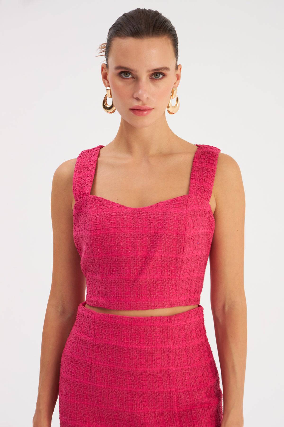 Strap Tweed Crop Blouse - Fuchsia - LussoCA