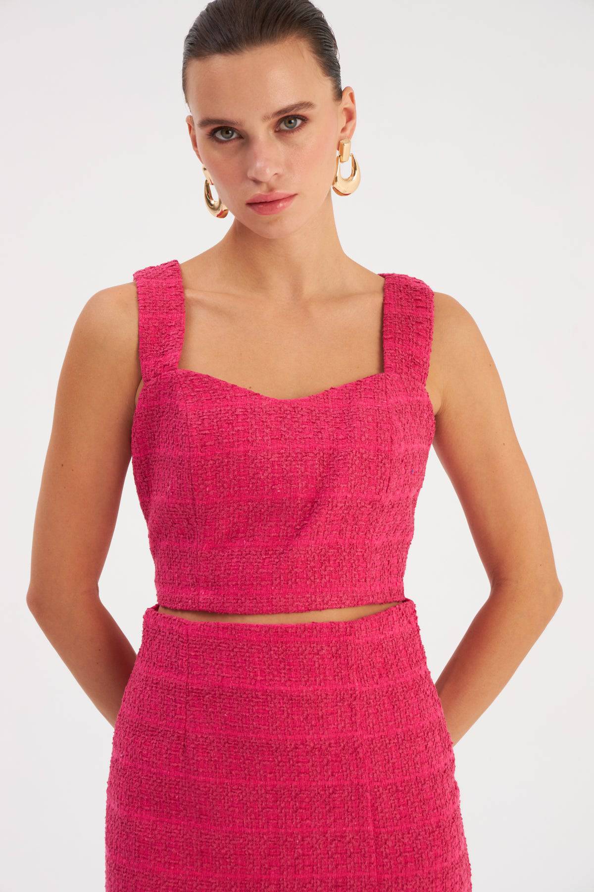 Strap Tweed Crop Blouse - Fuchsia - LussoCA