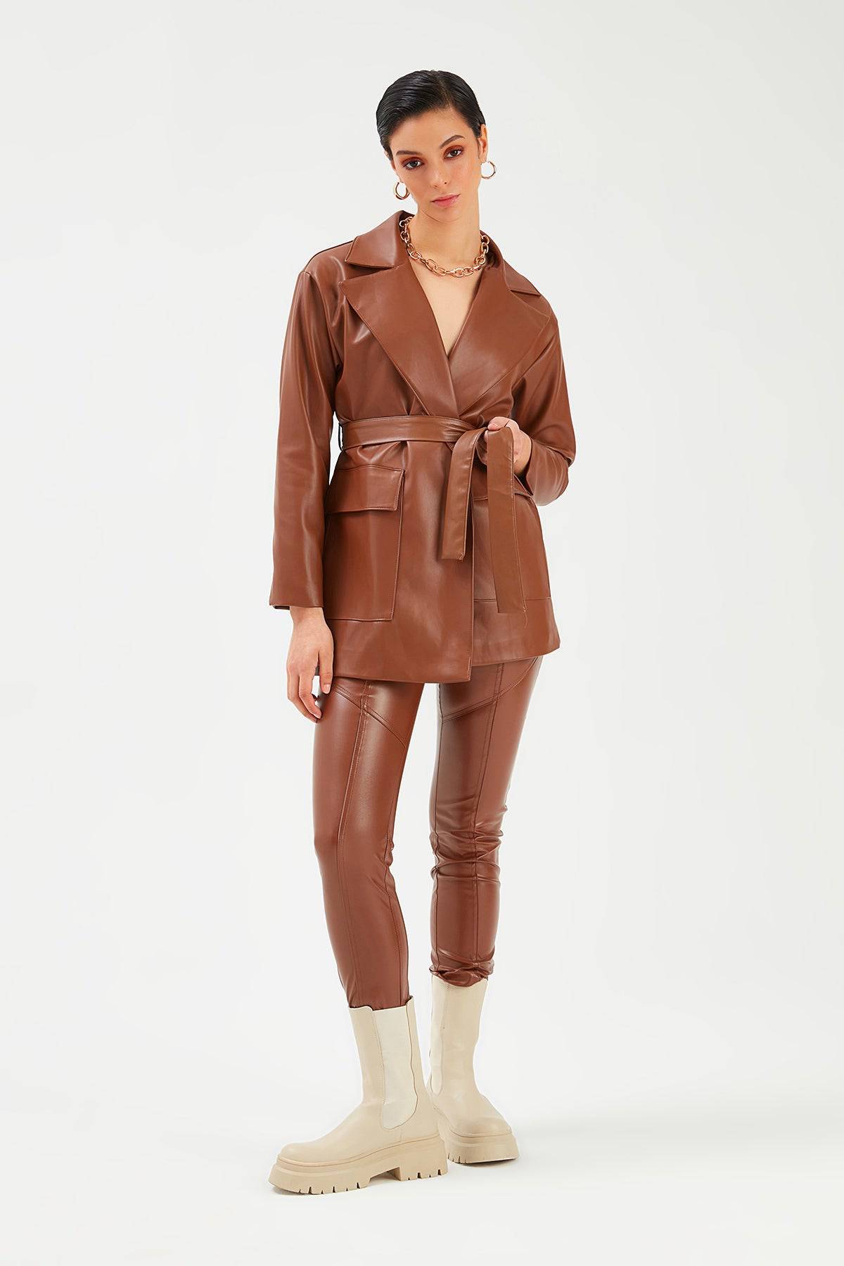 Belted Leather Jacket - Brown - LussoCA
