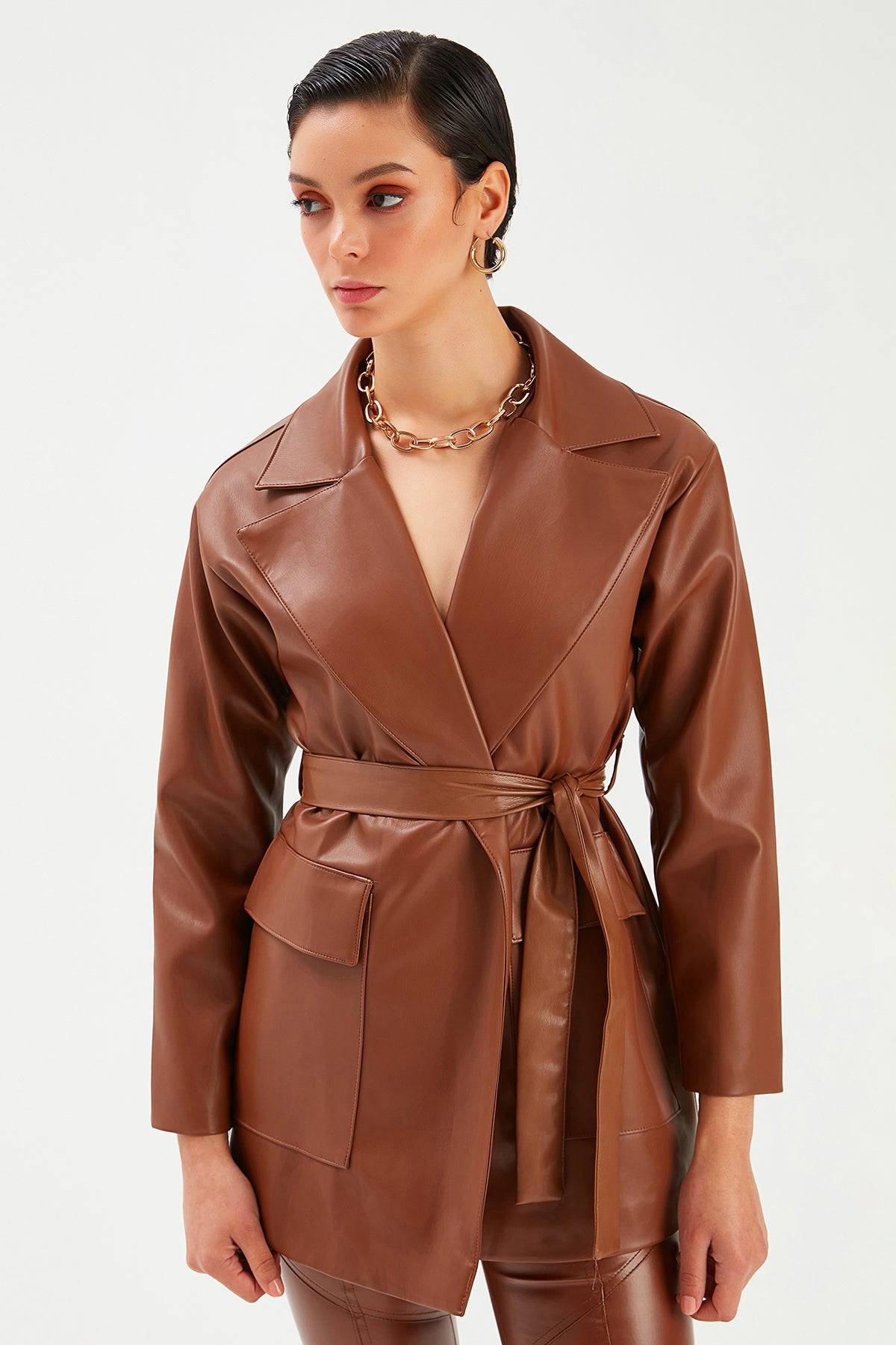 Belted Leather Jacket - Brown - LussoCA