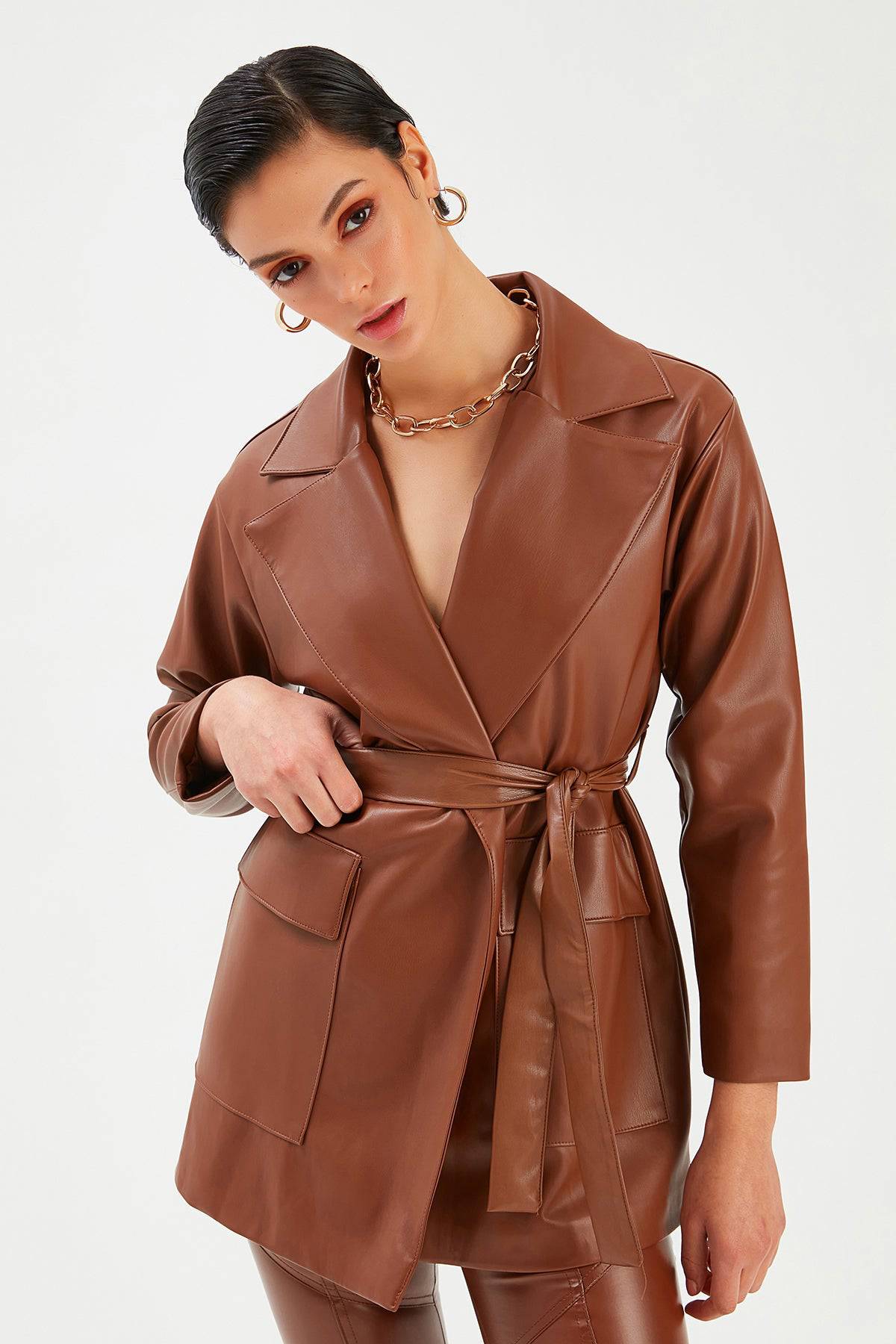 Belted Leather Jacket - Brown - LussoCA